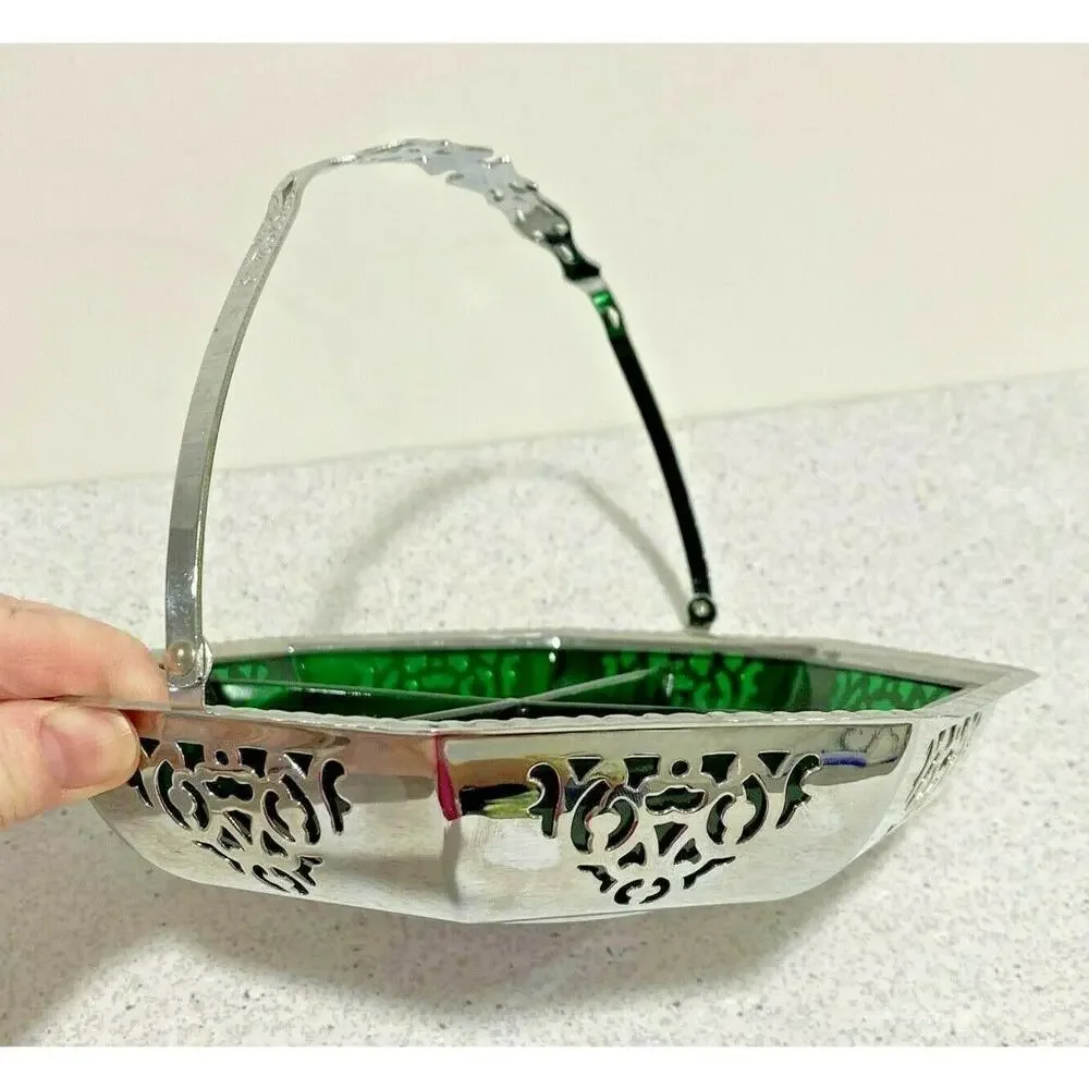 Vintage candy dish ornate pierced chrome basket retro green glass section dish